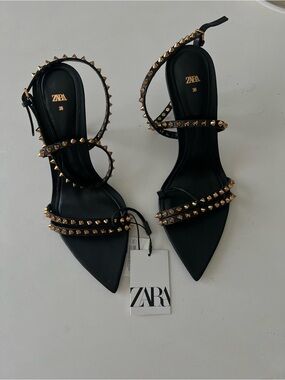 Zara Black Pointed-Toe Studded Ankle-Strap Heels